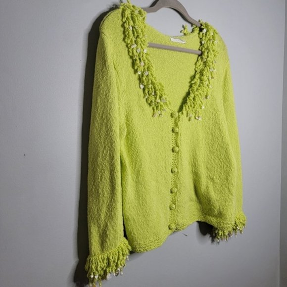 Mifresia Large Yellow Green Fringe Seashell Knit Cardigan - Picture 3 of 13